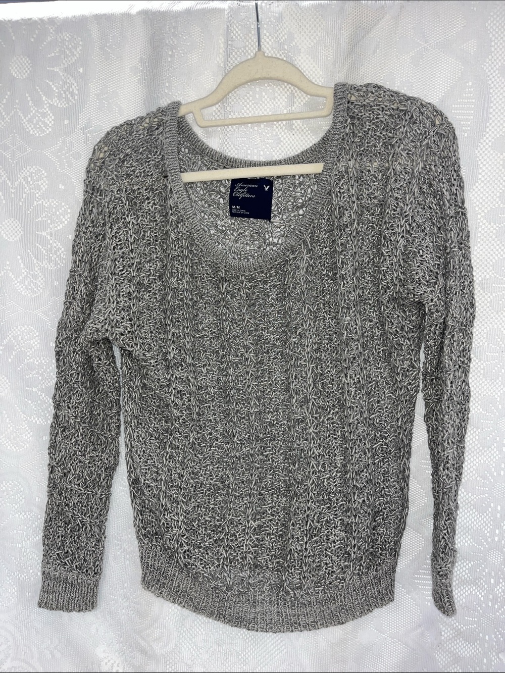 American Eagle Outfitters Gray Marled Open Knit Crewneck Sweater M